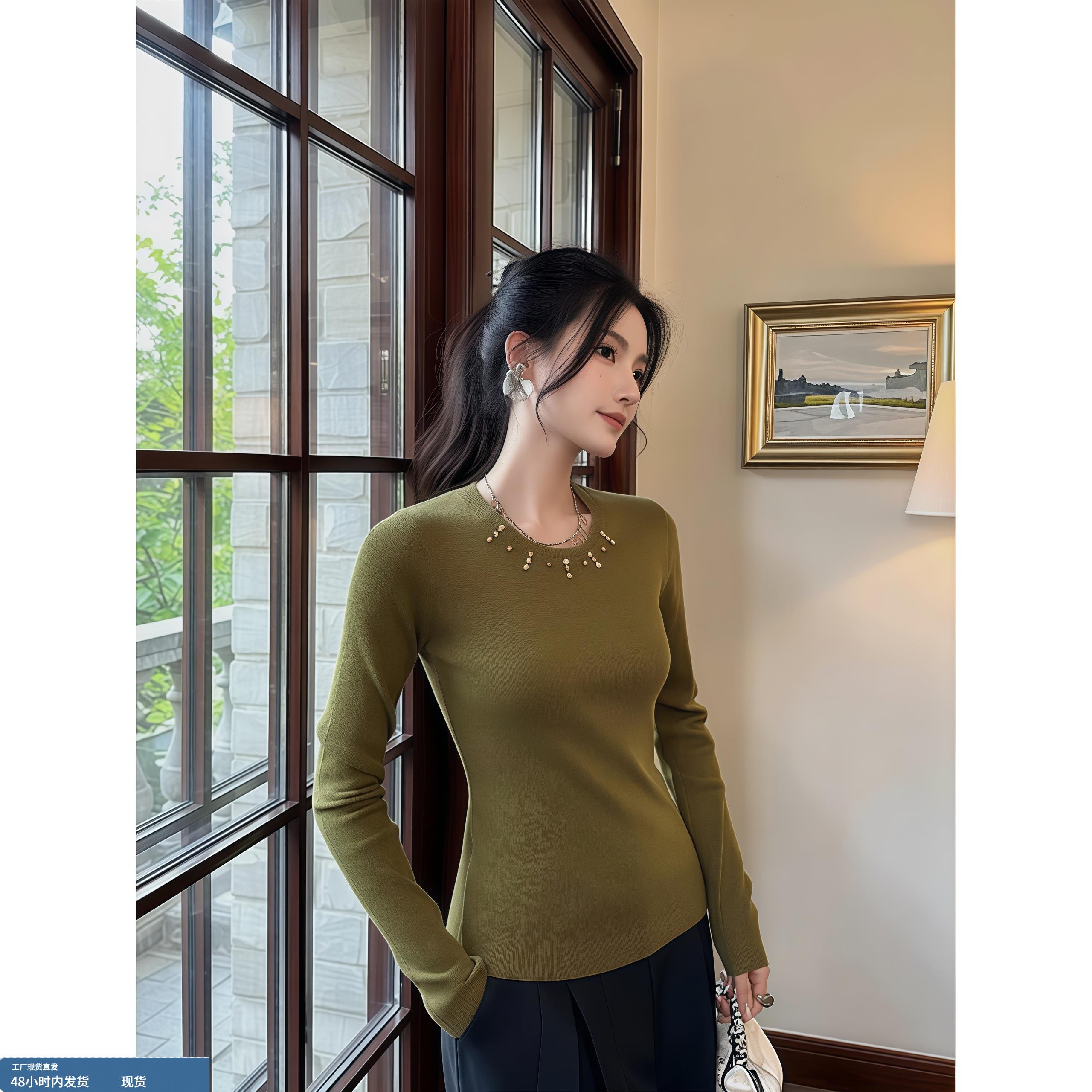 复古风气质圆领钉珠针织衫女装秋冬季新款高级感别致百搭修身上衣