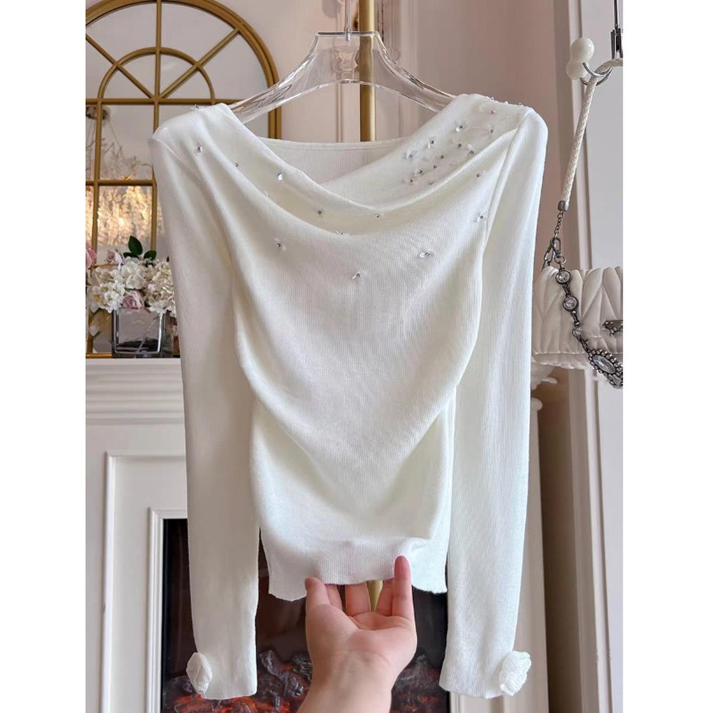 小香风纯欲手工亮片露肩针织衫女2025秋新款法式气质褶皱长袖上衣