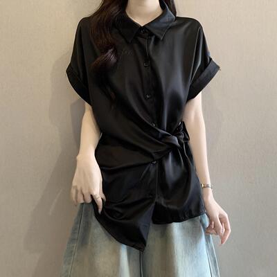 黑色高级感醋酸缎面短袖衬衫女大码胖mm显瘦不规则小飞袖掐腰上衣