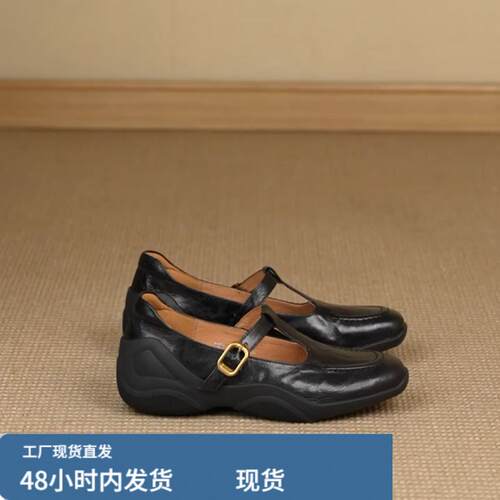 羊皮版~运动风T字带扣真皮玛丽珍乐福鞋女复古镂空厚底小皮鞋单鞋