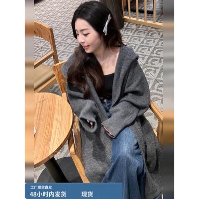 高级感灰色连帽长款毛衣女秋冬季大码女装宽松慵懒风针织开衫外套