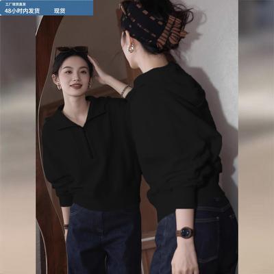 黑色半拉链套头连帽卫衣女2025冬新款高级感宽松显瘦加绒加厚上衣