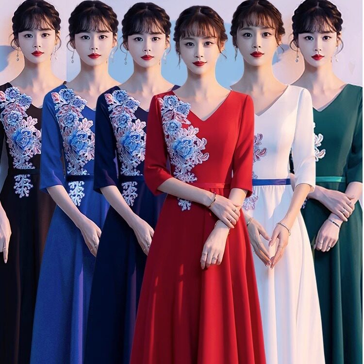 大合唱团演出服女长裙宴会高中生合唱成人指挥服装主持红色