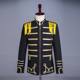 男士黑色拉链黄流苏欧洲宫廷男装夜店镶金演出服军装舞蹈表演