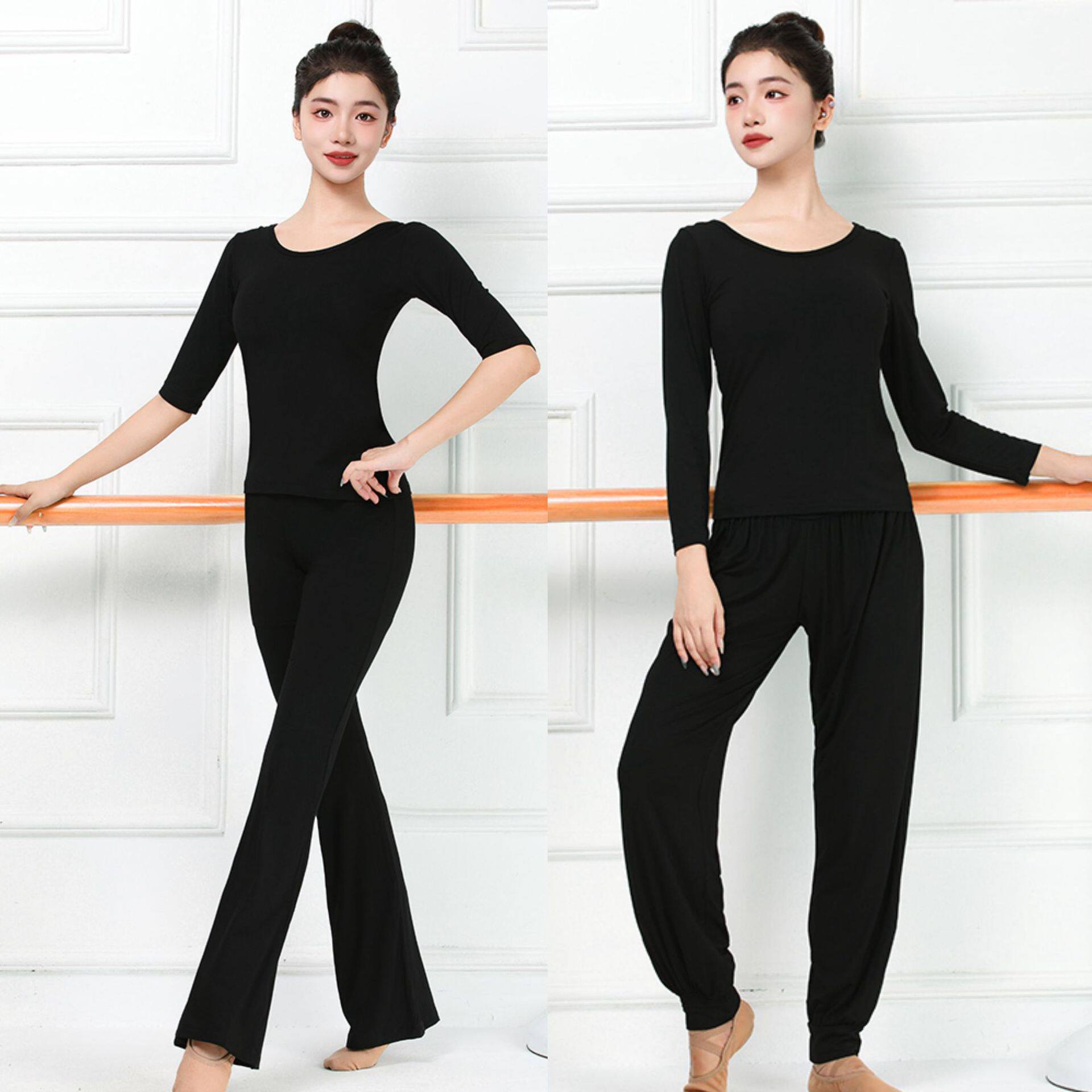 现代舞蹈服女套装黑色练功服古典舞服显瘦微喇灯笼裤形体服