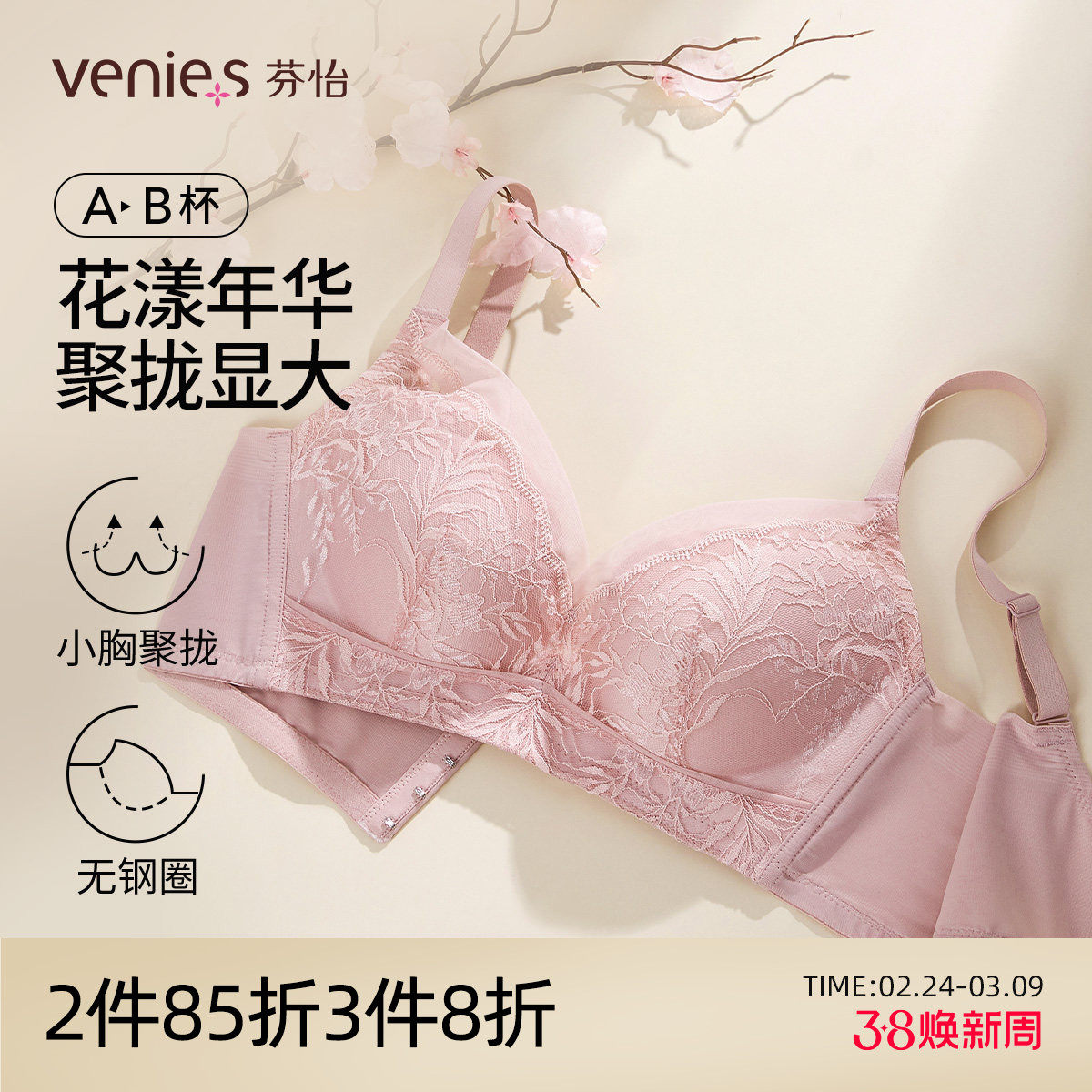 芬怡小胸聚拢内衣女四排扣调整型厚杯显胸大性感法式蕾丝文胸