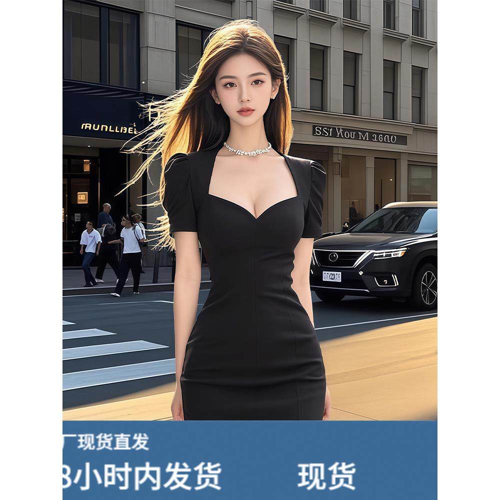 黑色方领女装2025新夏季性感臀裙热风格独特美丽的泡芙袖裙