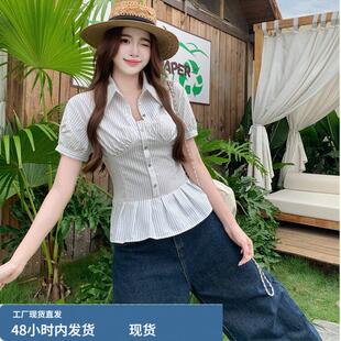 胖妹妹mm大码女装韩版宽松纯欲辣妹条纹收腰短袖衬衫后背绑带上衣