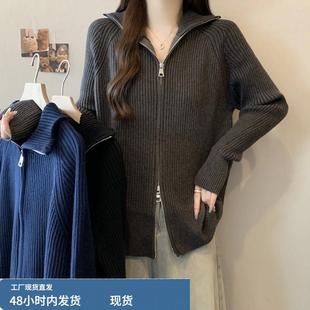 大码女装秋天巨好看的上衣韩系法式设计感双拉链插肩袖针织开衫女