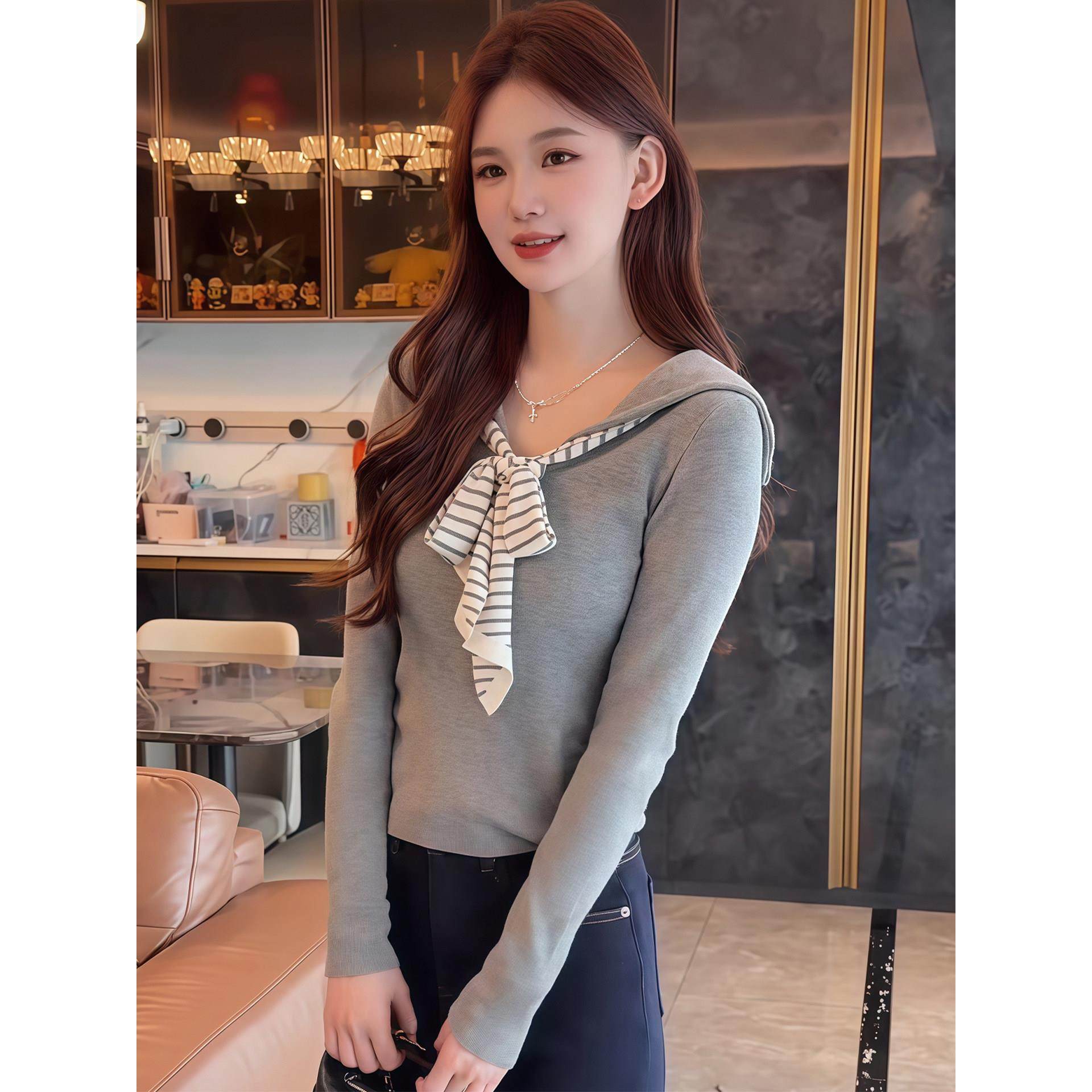 海军领长袖针织衫女2025新款早秋季设计感假两件披肩绑带针织上衣