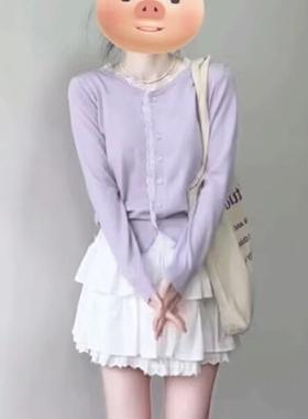 紫色蕾丝拼接针织衫+半身裙女2025春秋季新款高级感巨好看的套装