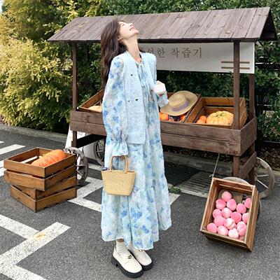 蓝色法式气质晕染印花连衣裙套装女士2026春季新款针织马甲两件套