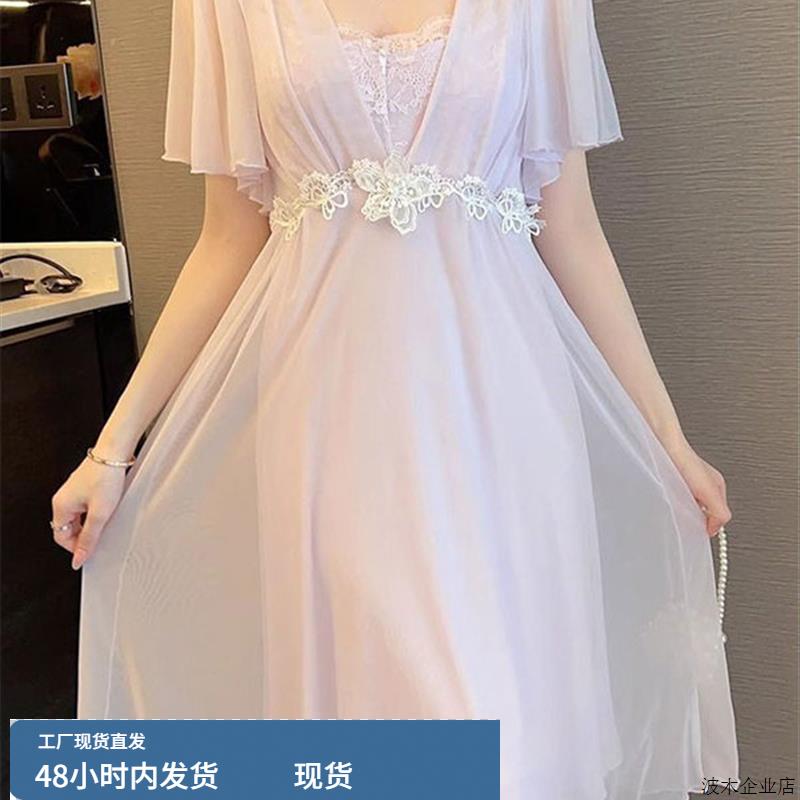 大码300斤胖妹妹甜美蕾丝网纱短袖睡裙女夏季可外穿带胸垫家居服2