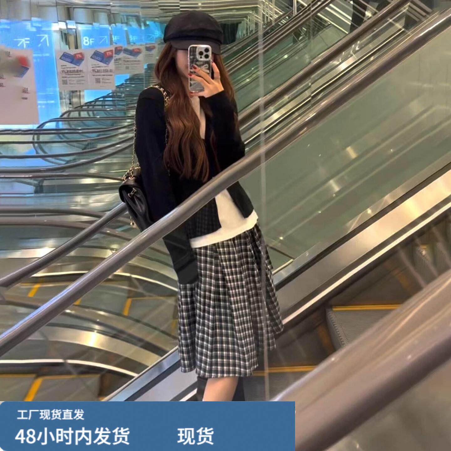 韩系巨好看的秋冬季女士连衣裙子2025新款格子长裙开衫T恤三件套