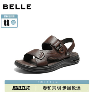 新款 百丽男士 透气休闲凉鞋 软底26夏季 A2351BL6 羊皮两穿爸爸皮凉鞋