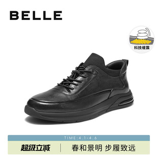 新款 百丽男士 高帮休闲运动皮鞋 春季 8VX01D 牛皮厚底增高全黑通勤鞋