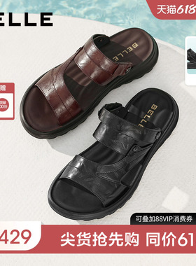 百丽男士休闲透气皮凉鞋26夏季新款商牛皮革软底爸爸拖鞋9BP01BL6