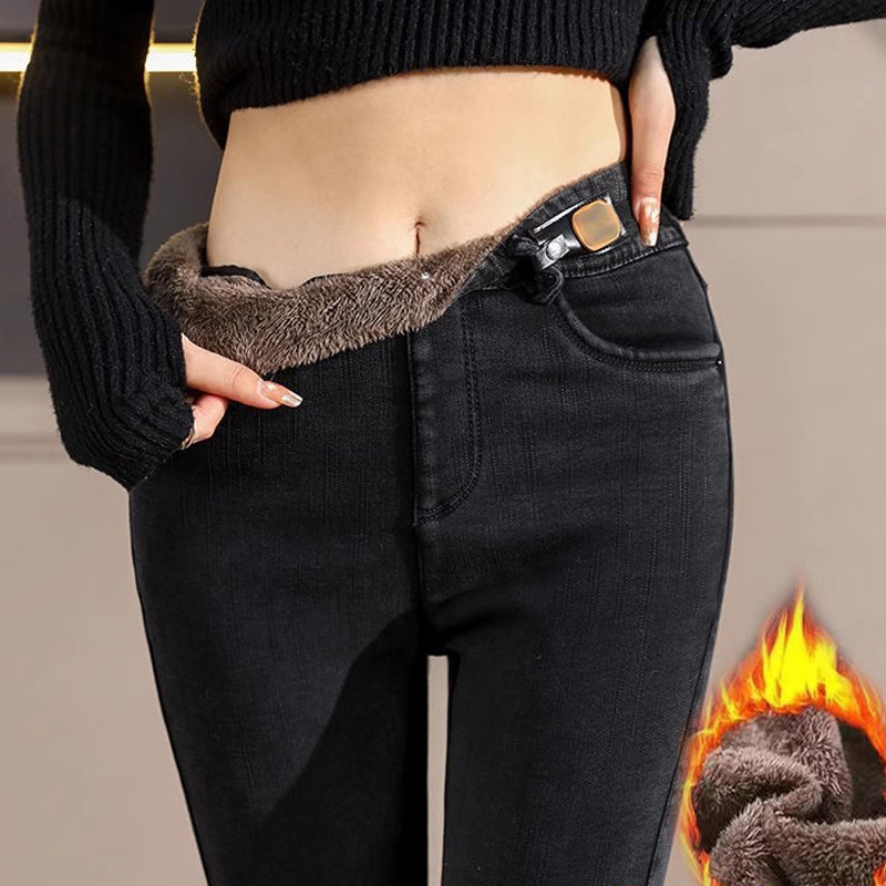 黑色牛仔裤女秋冬新款高腰加大魔术裤加绒加厚保暖小脚打底裤靴裤