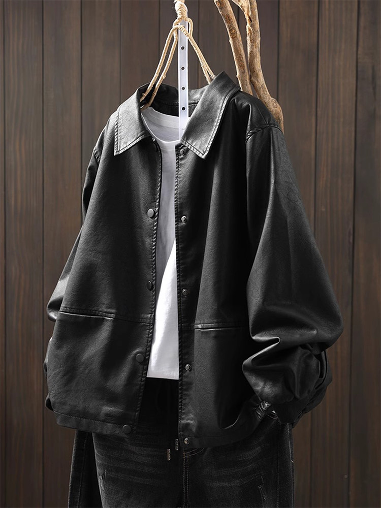 黑色皮衣外套女2025春季新款港风夹克上衣宽松显瘦翻领pu皮机车服