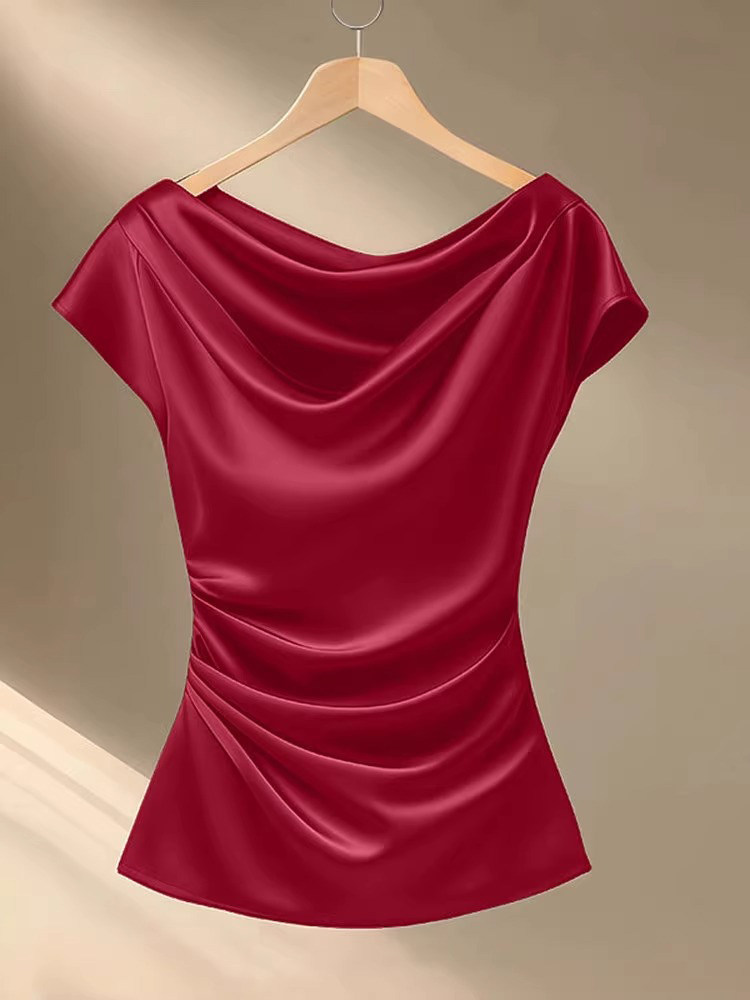 杏缎摆动领短袖女t恤2025新风格腰纤细看法国风格小香衬衫上衣