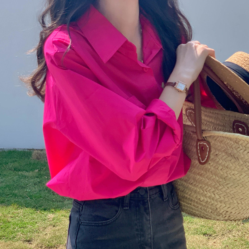 火龙果色POLO领衬衫女2025秋季新款时尚百搭上衣休闲翻领防晒衬衣