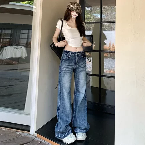 复古裂纹微喇叭牛仔裤女春秋直筒