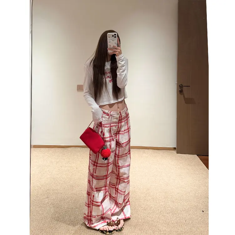 复古撞色红格子阔腿裤女夏季薄款图片