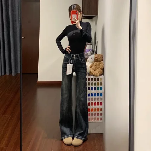 美式复古双扣微喇牛仔裤春夏显瘦