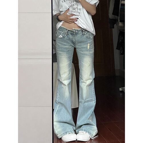 美式辣妹蕾丝微喇叭牛仔裤低腰女