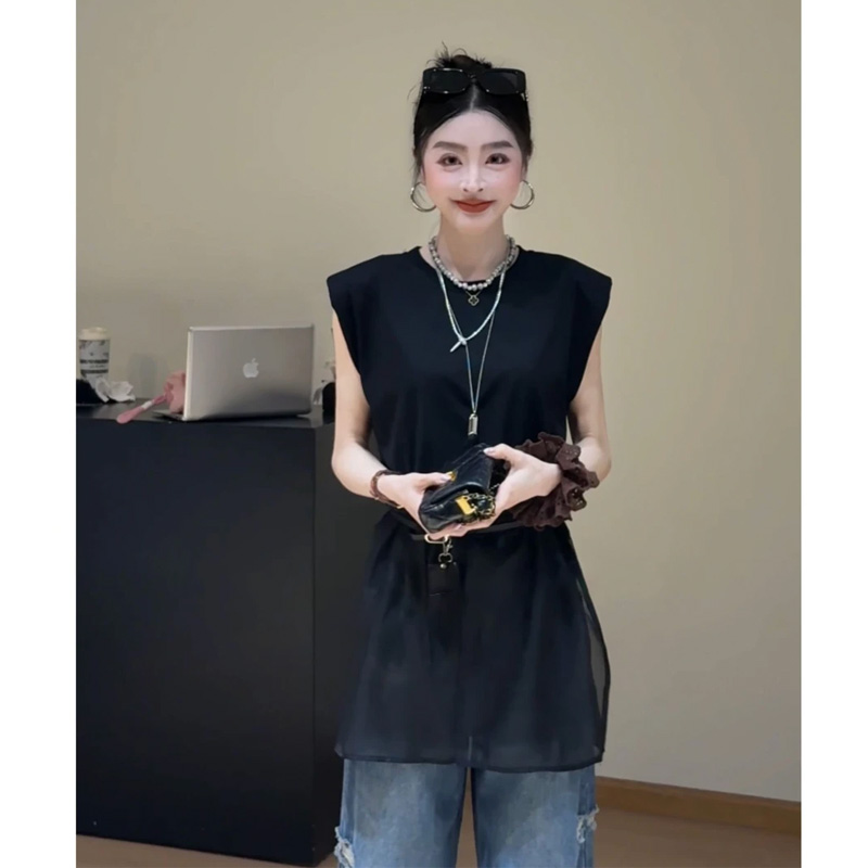 设计感黑色拼接背心衬衫女夏2025新款修身显瘦中长款气质开叉上衣