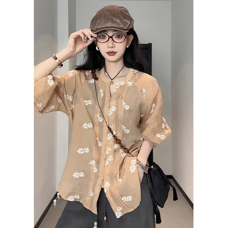 设计感印花防晒灯笼袖衬衫女装夏季薄款韩系宽松显瘦休闲气质上衣