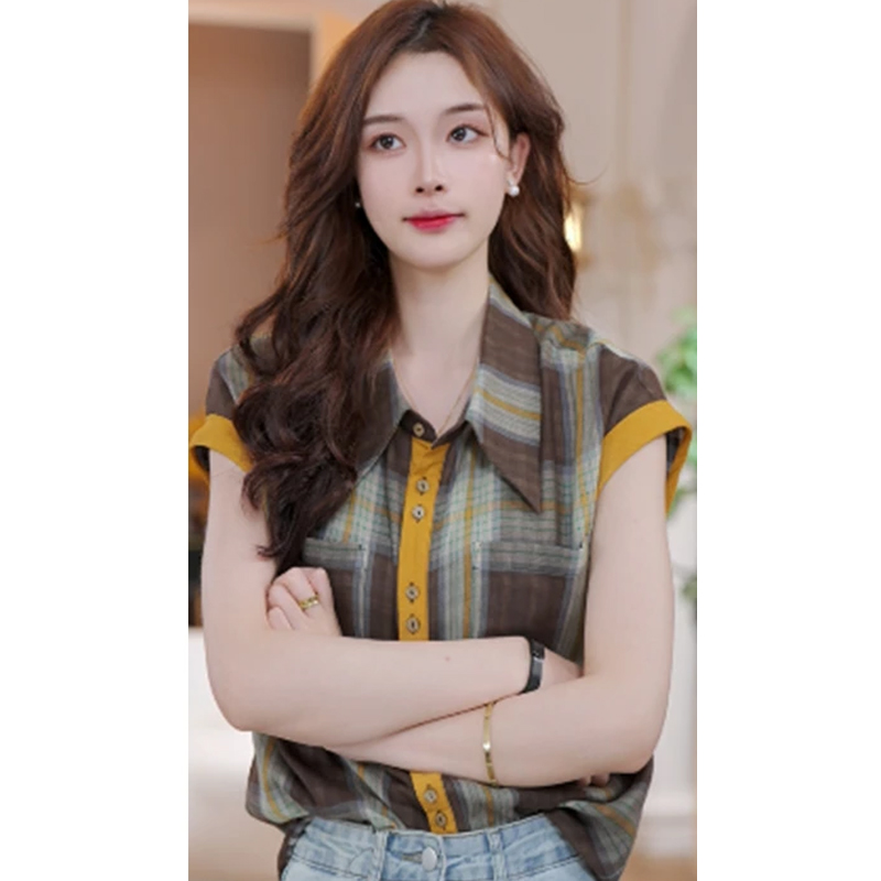 撞色复古感格子短袖衬衫女款夏季格纹衬衣韩版简约设计感气质上衣
