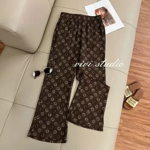 复古慵懒印花微喇裤子休闲阔腿裤