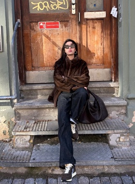 曼城韶光 仿水貂抽刀毛毛外套女复古咖色大衣外套女冬季保暖新款