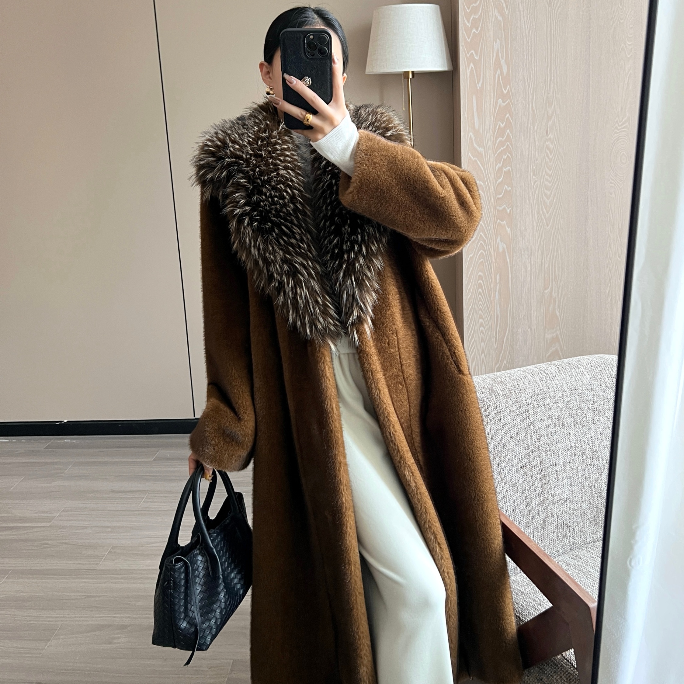2025冬欧美大牌风仿水貂毛皮草女大毛领过膝长款高级感保暖毛外套