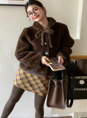 中古系列 仿水貂环保毛毛洋气系带蝴蝶结短款皮草外套女秋冬新款