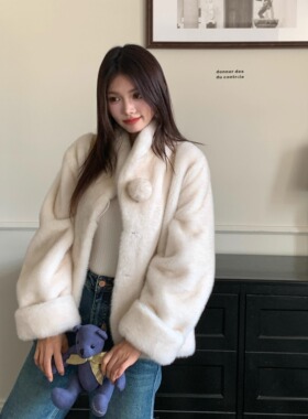 中古球球貂 可爱复古仿水貂环保皮草秋冬季立领毛毛外套女保暖