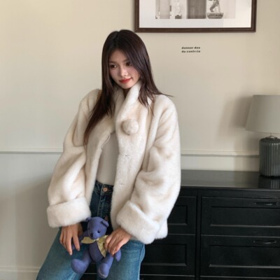 中古球球貂 可爱复古仿水貂环保皮草秋冬季立领毛毛外套女保暖