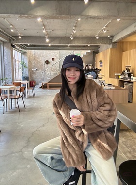 曼城韶光 仿水貂抽刀毛毛外套女复古咖色仿大衣外套冬季保暖新款