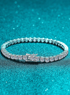 S925纯银镀18K金手链女满镶莫桑钻四爪30分D色VVS手链镀pt950铂金