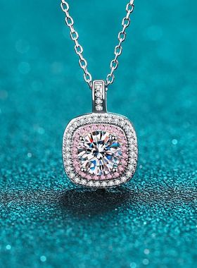 s925银镀18K金方形微镶包边钻石项链莫桑钻女士颈链镀PT950 铂金