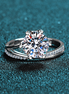 s925银镀18K金戒指女六爪个性时尚3克拉莫桑钻镀PT950 铂金婚戒