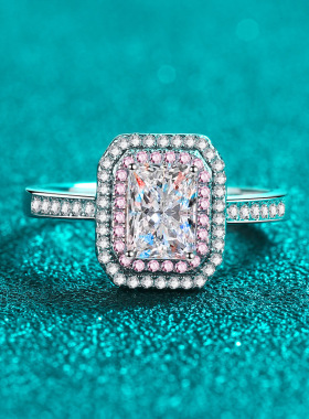 s925银镀18K金玫瑰金色1克拉莫桑石雷迪恩祖母绿镀PT950铂金戒指