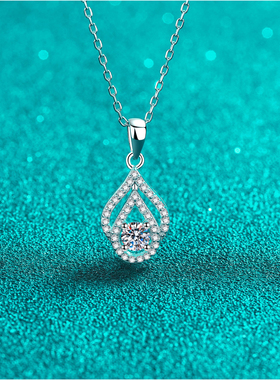 s925纯银镀18K金女水滴镂空30分莫桑石镀PT950铂金项链吊坠锁骨链