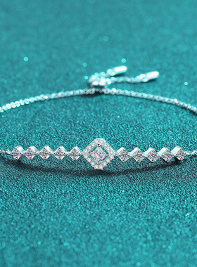 S925纯银镀18K金莫桑石手链立体钻正方手环推拉式链条镀PT950铂金