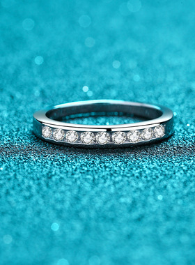 s925银镀18K金女简约排戒包镶一字27分莫桑石戒指戒环镀PT950铂金