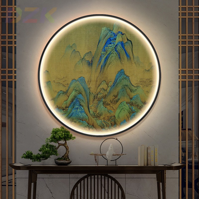中式圆形装饰画led发光千里江山图书房办公室挂画客厅玄关山水.6
