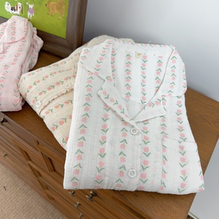 长裤 断色特清 长袖 家居服套装 纯棉纱布绉布碎花睡衣套装