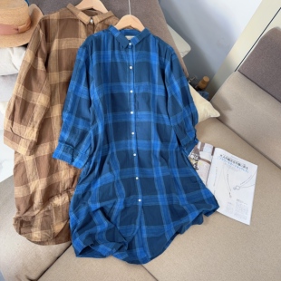 秋季新品原单外贸棉麻衬衫裙防晒连衣裙宽松显瘦中长款两穿衬衣裙