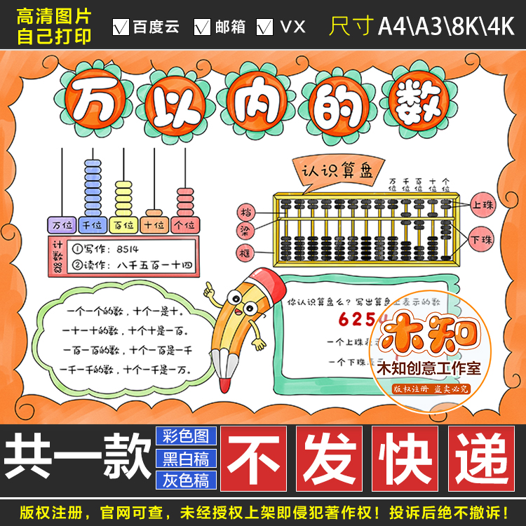 154万以内数的认识数学小报手抄报电子模板黑白半成品涂色线稿D 商务/设计服务 设计素材/源文件 原图主图